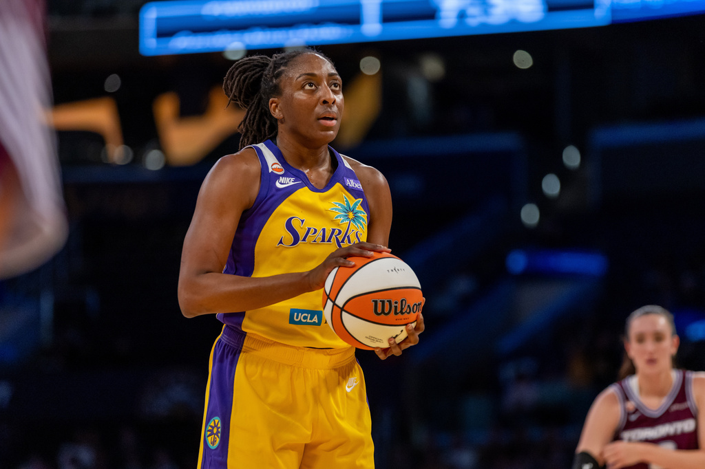 FILE - Los Angeles Sparks forward Nneka Ogwumike shoots a free-throw against the Toronto Tempo during a WNBA basketball game in Los Angeles, May 15, 2026. (AP Photo/Jeff Lewis, File)