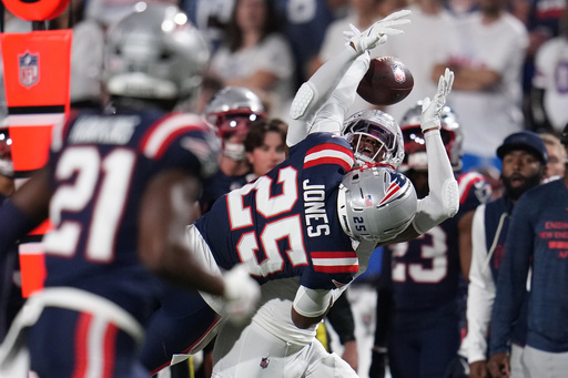 New England Patriots cornerback Marcus Jones (25) breaks up a pass intended for Buffalo Bills wide receiver Keon Coleman, right, during the first half of an NFL football game, Sunday, Sept. 5, 2025, in Orchard Park, N.Y. (AP Photo/Gene J. Puskar) New England Patriots cornerback Marcus Jones (25) breaks up a pass intended for Buffalo Bills wide receiver Keon Coleman, right, during the first half of an NFL football game, Sunday, Sept. 5, 2025, in Orchard Park, N.Y. (AP Photo/Gene J. Puskar)