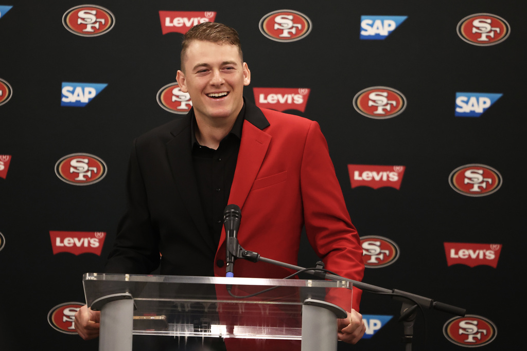 San Francisco 49ers quarterback Mac Jones speaks at a news conference after an NFL football game against the Los Angeles Rams, Thursday, Oct. 2, 2025, in Inglewood, Calif. (AP Photo/Jessie Alcheh)
