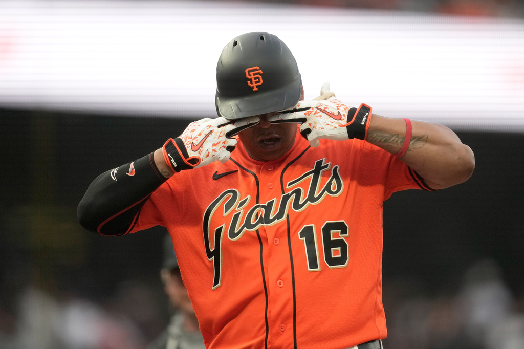 San Francisco Giants' Rafael Devers gestures after hitting a home run during the second inning of a baseball game against the Colorado Rockies, Friday, July 10, 2026, in San Francisco. (AP Photo/Jeff Chiu)