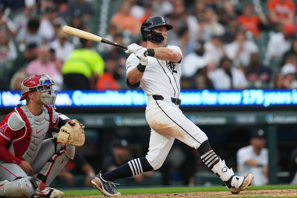 Detroit Tigers' Kevin McGonigle hits a two-run triple against the Los Angeles Angels during the fifth inning of a baseball game Tuesday, May 26, 2026, in Detroit. (AP Photo/Paul Sancya)