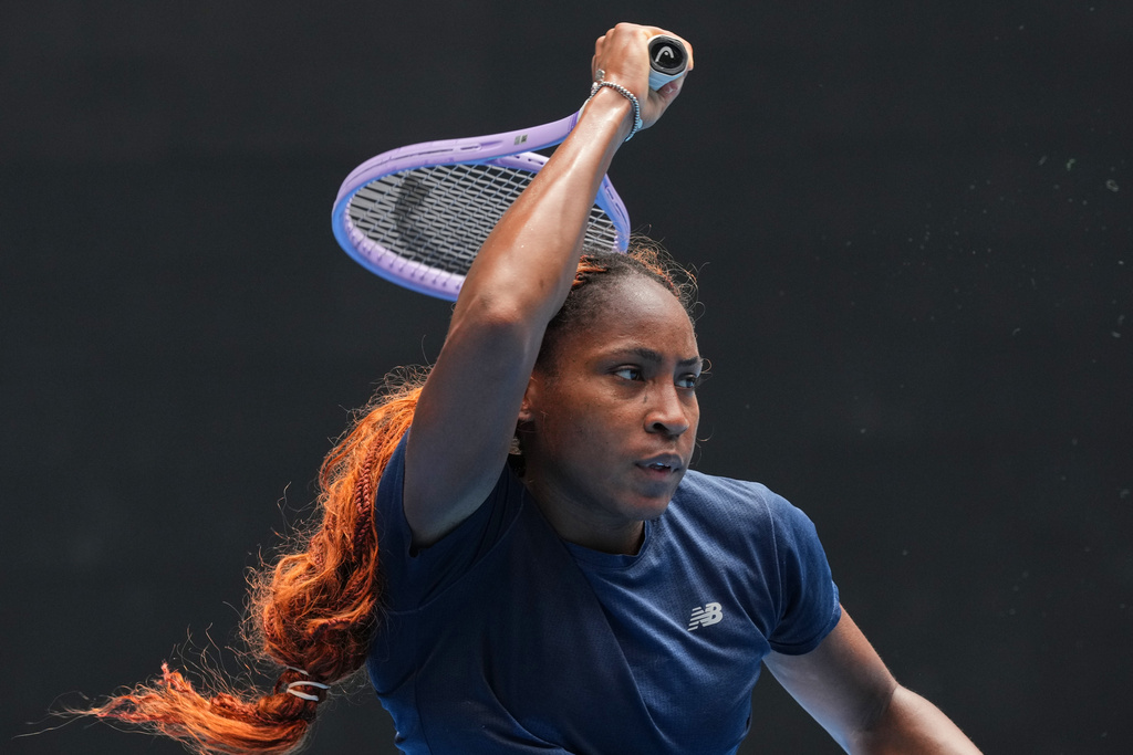 Coco Gauff of the United States plays a forehand return during a practice session ahead of the Australian Open tennis championship in Melbourne, Australia, Thursday, Jan. 15, 2026. (AP Photo/Mark Baker)