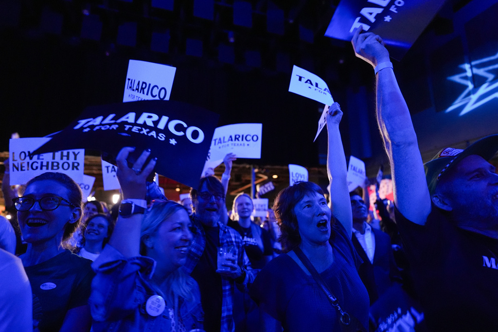Supporters of Texas state Rep. James Talarico, D-Austin, a Democratic candidate for the U.S. Senate, react as results come in during a primary election watch party Tuesday, March 3, 2026, in Austin, Texas. (AP Photo/Eric Gay)
