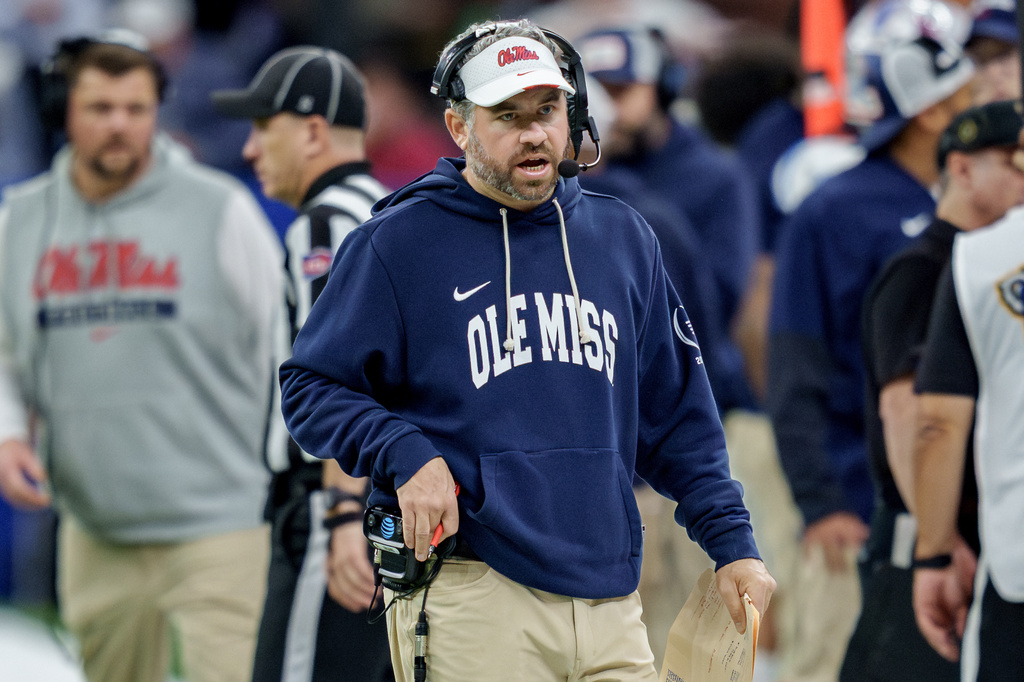 FILE - Mississippi head coach Pete Golding walks the sideline during the second half of the Sugar Bowl NCAA college football playoff quarterfinal game against Georgia on Jan. 1, 2026, in New Orleans. (AP Photo/Matthew Hinton Hinton, File)