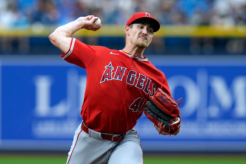 Los Angeles Angels pitcher Jack Kochanowicz delivers to the Tampa Bay Rays during the first inning of a baseball game Sunday, May 31, 2026, in St. Petersburg, Fla. (AP Photo/Chris O'Meara)