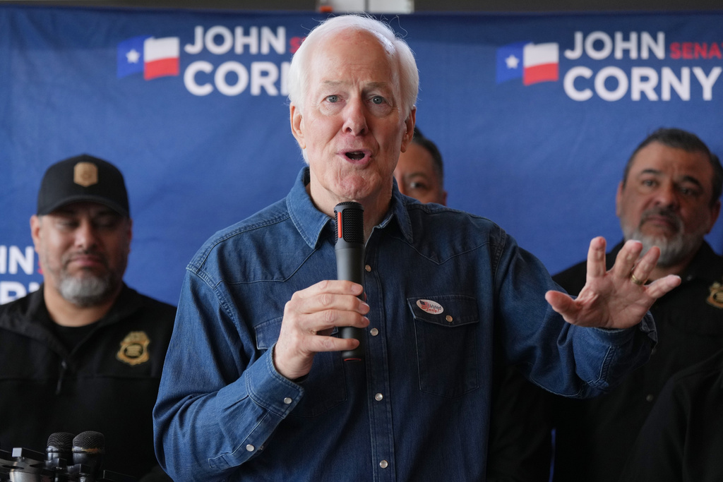 Sen. John Cornyn, R-Texas, speaks during a campaign stop in Austin, Texas, Tuesday, Feb. 17, 2026. (AP Photo/Eric Gay)