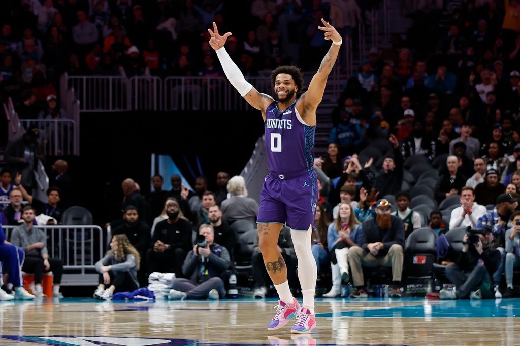 Charlotte Hornets forward Miles Bridges reacts during the first half of an NBA basketball game against the Philadelphia 76ers in Charlotte, N.C., Monday, Jan. 26, 2026. (AP Photo/Nell Redmond)