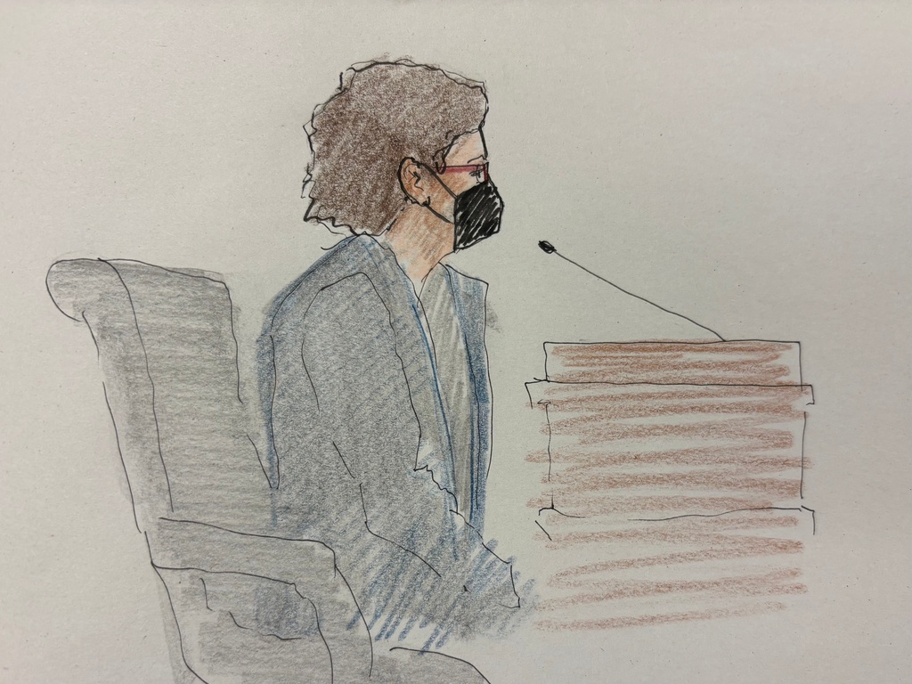 This courtroom sketch depicts Maura Gingerich at Milwaukee County Circuit Judge Hannah Dugan's trial in court, Thursday, Dec. 18, 2025 in Milwaukee, Wis. (Adela Tesnow via AP, Pool)