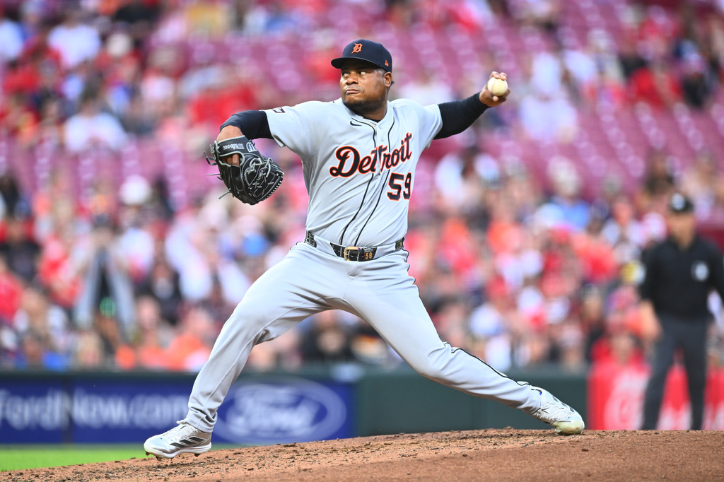 Detroit Tigers pitcher Framber Valdez throws during the second inning of a baseball game against the Cincinnati Reds in Cincinnati, Friday, April 24, 2026. (AP Photo/Ben Jackson)