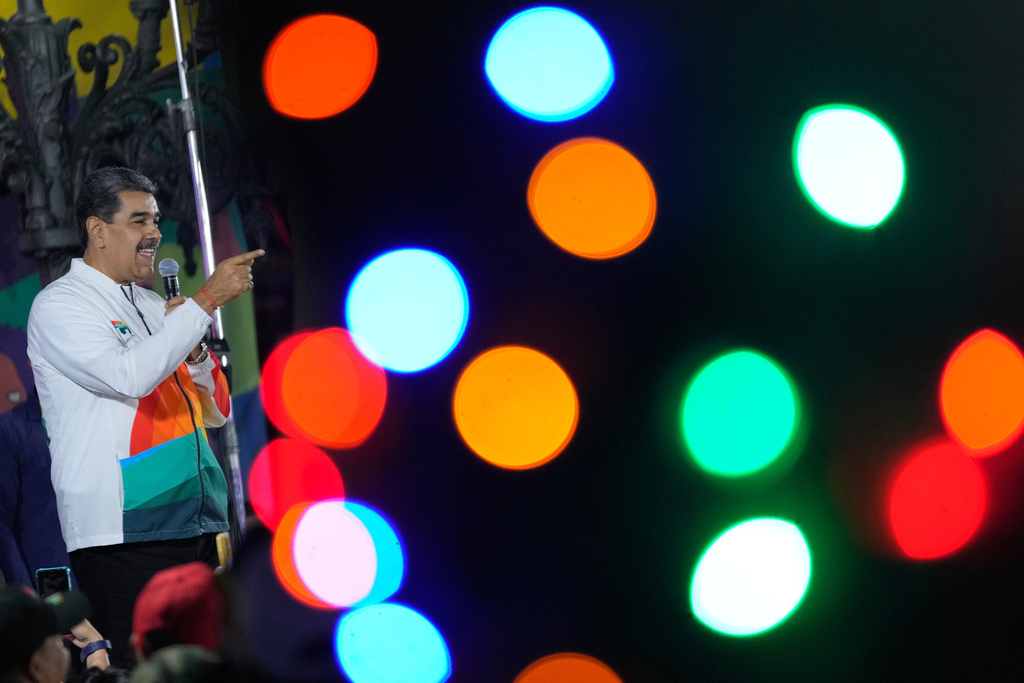 FILE - President Nicolas Maduro speaks to pro-government supporters after a referendum regarding Venezuela's claim to Essequibo, a region administered and controlled by Guyana, in Caracas, Venezuela, Dec. 3, 2023. (AP Photo/Matias Delacroix, File)