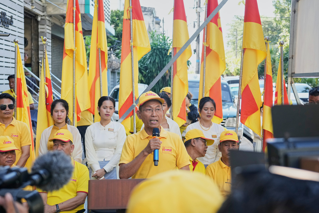 FILE - Ko Ko Gyi, chairman of the People's Party and leader of Myanmar prominent 1988 pro-democracy uprising, speaks during opening ceremony of campaign poster and election campaign, Nov. 19, 2025, in Yangon, Myanmar. (AP Photo/Thein Zaw, File)