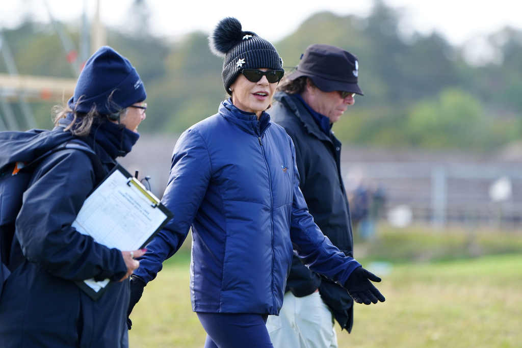 Catherine Zeta-Jones walks off the 4th tee during day four of the 2025 Alfred Dunhill Links Championship at the Old Course, St Andrews, Scotland, Sunday, Oct. 5, 2025. (Jane Barlow/PA via AP)
