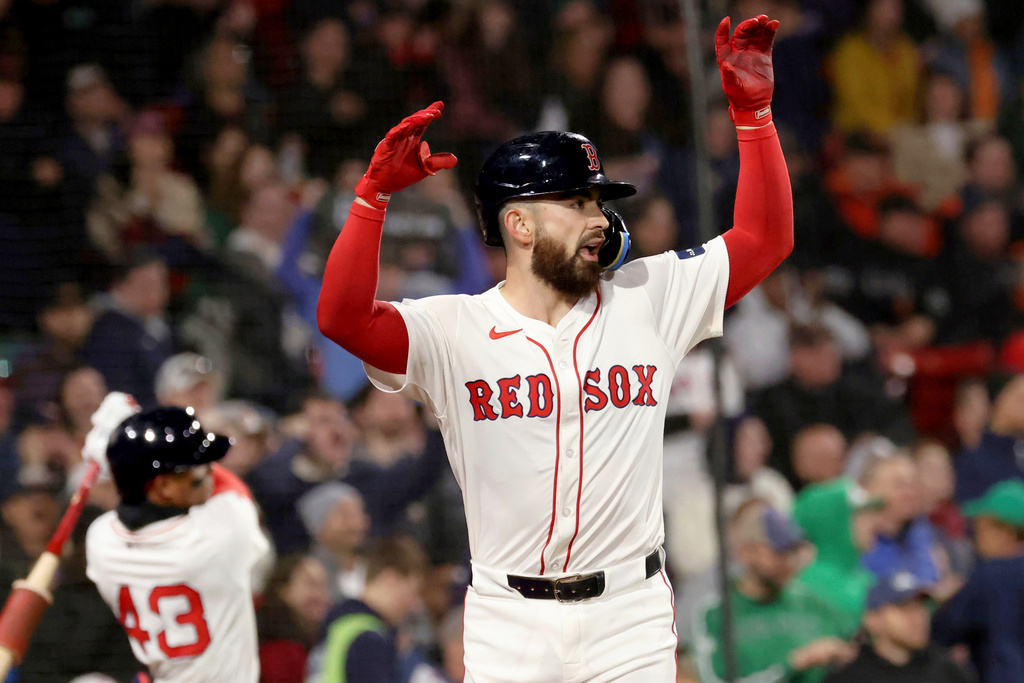 FILE - Boston Red Sox catcher Connor Wong reacts after scoring during the fourth inning of a baseball game against the San Francisco Giants, Wednesday, May 1, 2024, in Boston. (AP Photo/Mark Stockwell, File)