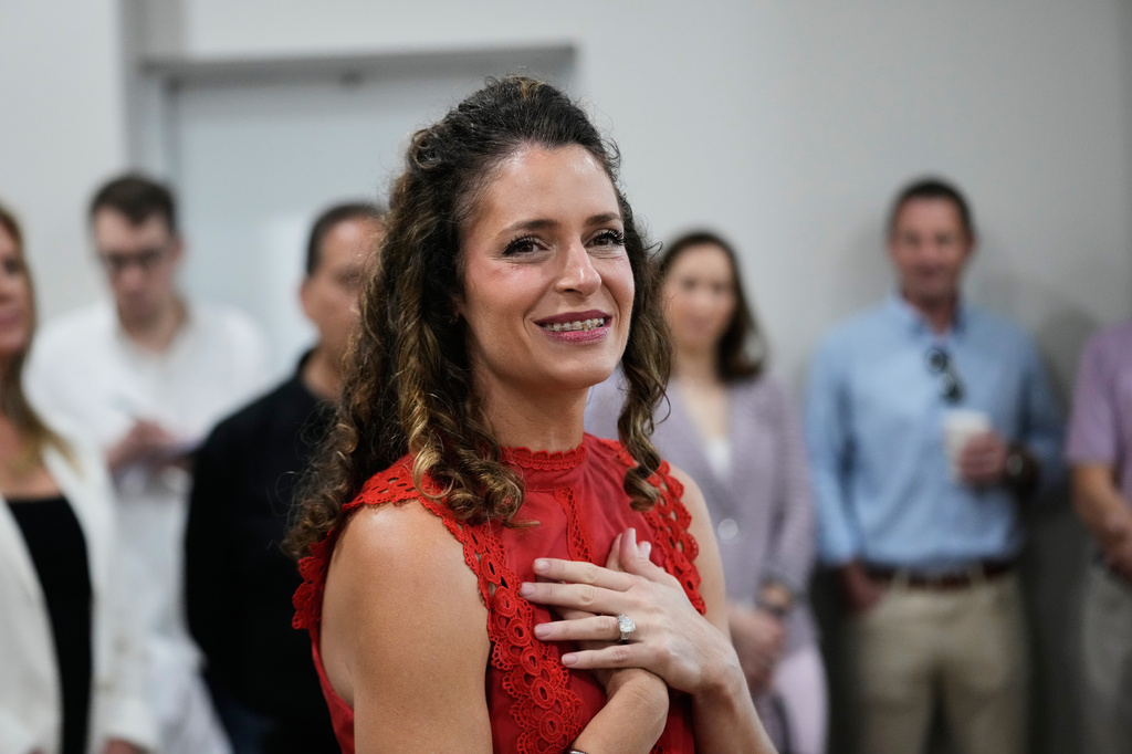 U.S. Senate candidate Julia Letlow greets supporters at a campaign stop at Hammond Northshore Regional Airport in Hammond, La., Wednesday, May 6, 2026. (AP Photo/Gerald Herbert)