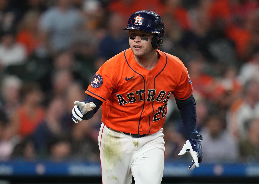 Houston Astros' Nick Allen reacts toward the dugout after his home run off Seattle Mariners starting pitcher Bryan Woo during the sixth inning of a baseball game, Sunday, Aug. 16, 2026, in Houston. (AP Photo/Karen Warren)