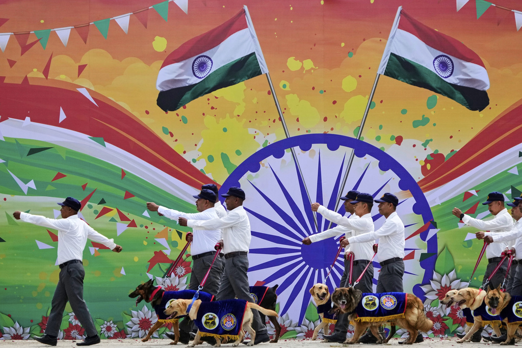 Assam Police dog squads take part in a parade during the country's Independence Day celebrations in Guwahati, Friday, Aug. 15, 2025. (AP Photo/Anupam Nath)