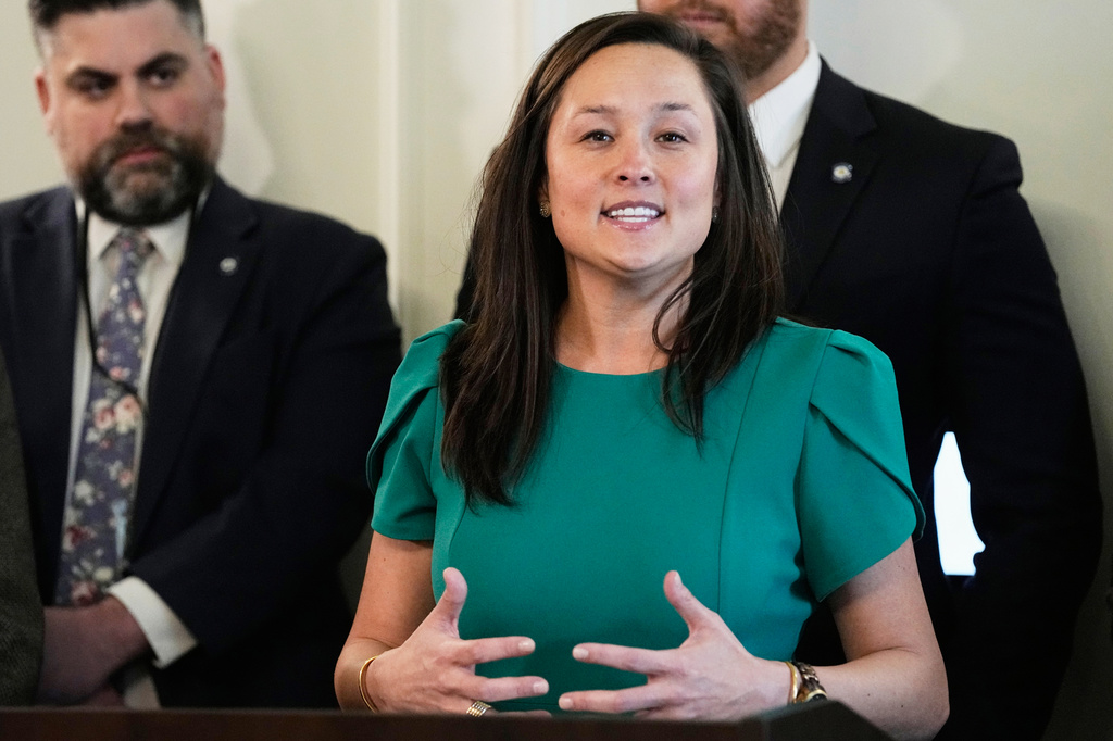 FILE - Oklahoma House minority leader Rep. Cyndi Munson, D-Oklahoma City, gestures during a news conference following the State of the State address, Feb. 6, 2023, in Oklahoma City. (AP Photo/Sue Ogrocki, File)