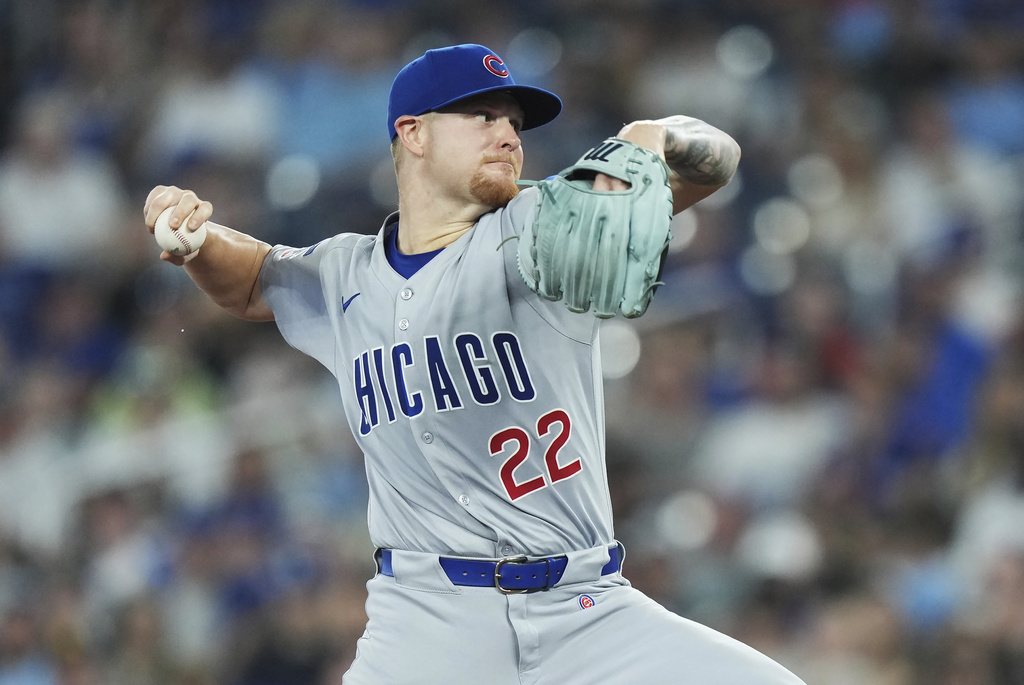 Chicago Cubs pitcher Cade Horton (22) works against the Toronto Blue Jays during first inning MLB baseball action in Toronto on Wednesday, August 13, 2025. (Nathan Denette/The Canadian Press via AP)