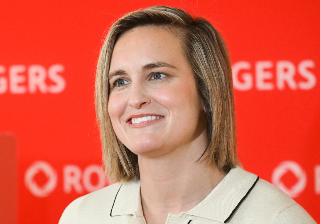 Montreal Victoire Captain Marie-Philip Poulin donates a jersey from her personal collection during the launch of the Great Canadian Jersey initiative in Montreal, Canada, Monday, Jan. 5, 2026. (Graham Hughes/The Canadian Press via AP)