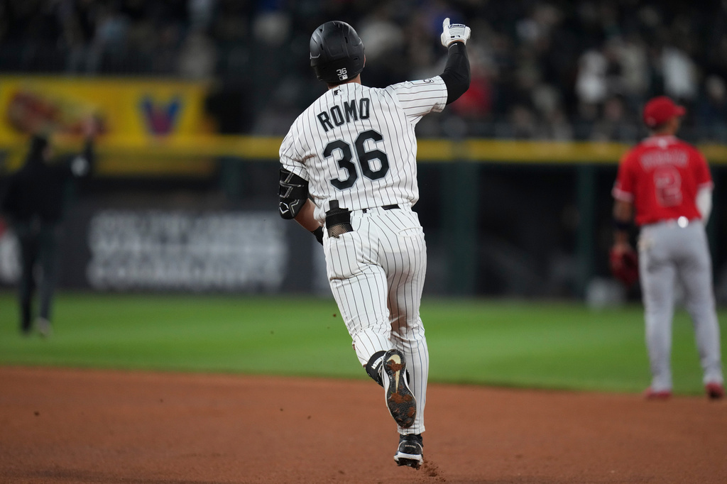 Chicago White Sox's Drew Romo (36) runs the bases after hitting a home run during the sixth inning of a baseball game against the Los Angeles Angels, Tuesday, April 28, 2026, in Chicago. (AP Photo/Erin Hooley)