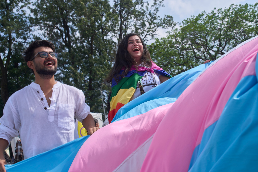Members and supporters of the LGBTQ+ community participate in a Pride Month rally in Kathmandu, Nepal, on Saturday, June 13, 2026. (AP Photo/Niranjan Shrestha)