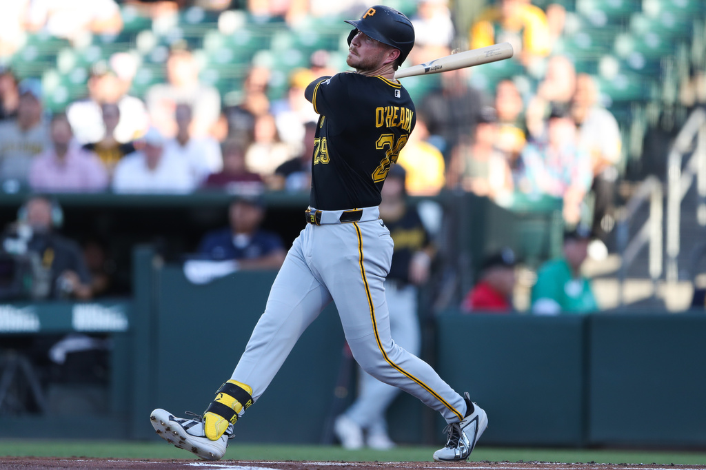 Pittsburgh Pirates' Ryan O'Hearn hits an two RBI double during the first inning of a baseball game against the Athletics, Wednesday, June 17, 2026, in West Sacramento, Calif. (AP Photo/Scott Marshall)
