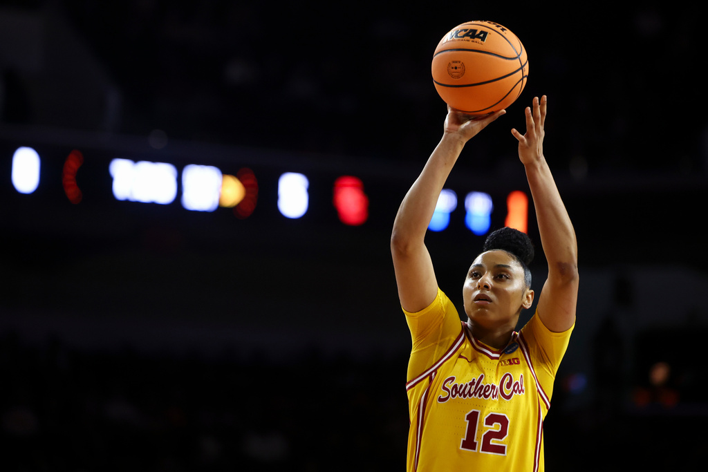 FILE - Southern California guard JuJu Watkins (12) shoots a free throw during the first half against Mississippi State in the second round of the NCAA college basketball tournament Monday, March 24, 2025, in Los Angeles. (AP Photo/Jessie Alcheh, File)