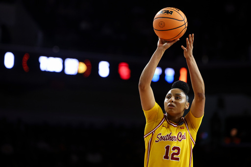 FILE - Southern California guard JuJu Watkins (12) shoots a free throw during the first half against Mississippi State in the second round of the NCAA college basketball tournament Monday, March 24, 2025, in Los Angeles. (AP Photo/Jessie Alcheh, File) FILE - Southern California guard JuJu Watkins (12) shoots a free throw during the first half against Mississippi State in the second round of the NCAA college basketball tournament Monday, March 24, 2025, in Los Angeles. (AP Photo/Jessie Alcheh, File)
