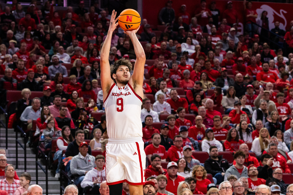 Nebraska forward Berke Büyüktuncel (9) shoots the ball against New Hampshire during the first half of an NCAA college basketball game, Tuesday, Dec. 30, 2025, in Lincoln, Neb. (AP Photo/Bonnie Ryan)