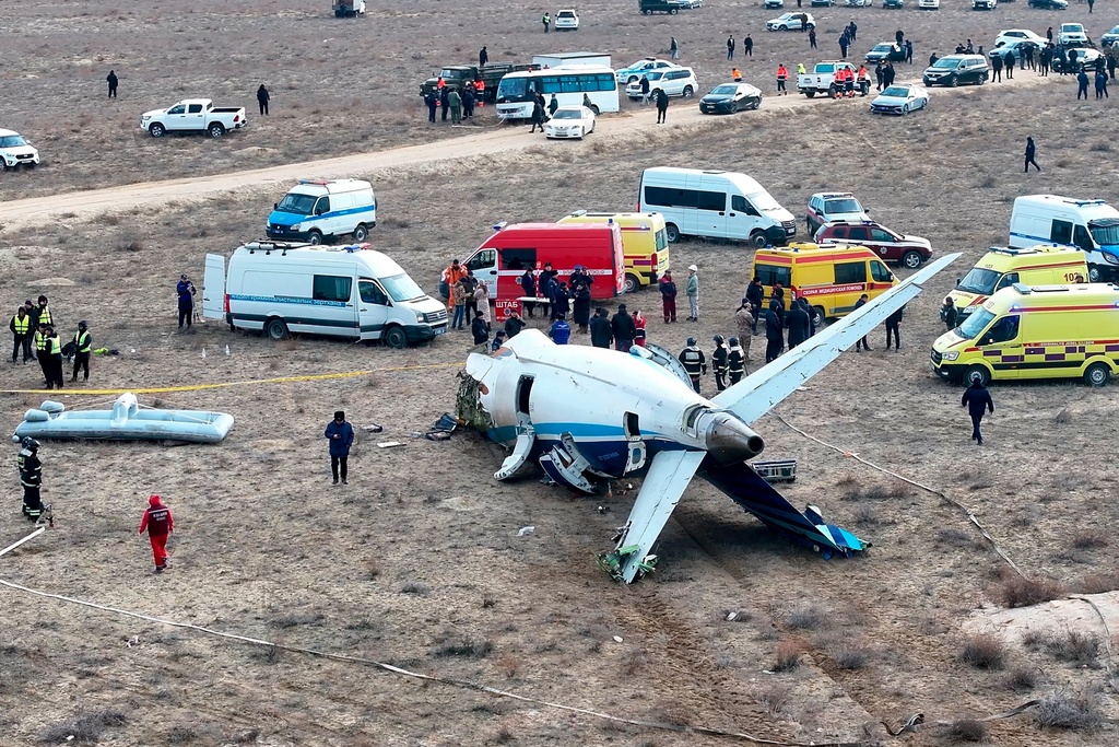 FILE - The wreckage of an Azerbaijan Airlines jet lies on the ground near the airport in Aktau, Kazakhstan, where it crashed on Dec. 25, 2024. (AP Photo/Azamat Sarsenbayev, File)