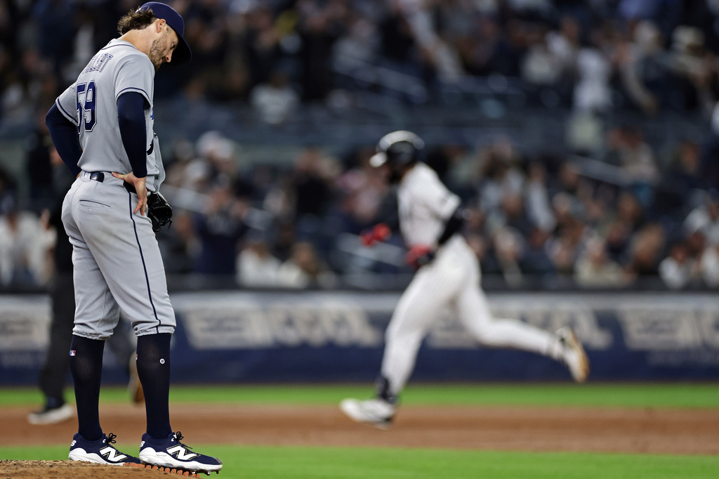 Tampa Bay Rays pitcher Mason Englert reacts after giving up a solo home run to New York Yankees' George Lombard Jr. during the third inning of a baseball game Wednesday, Sept. 23, 2026, in New York. (AP Photo/Adam Hunger)