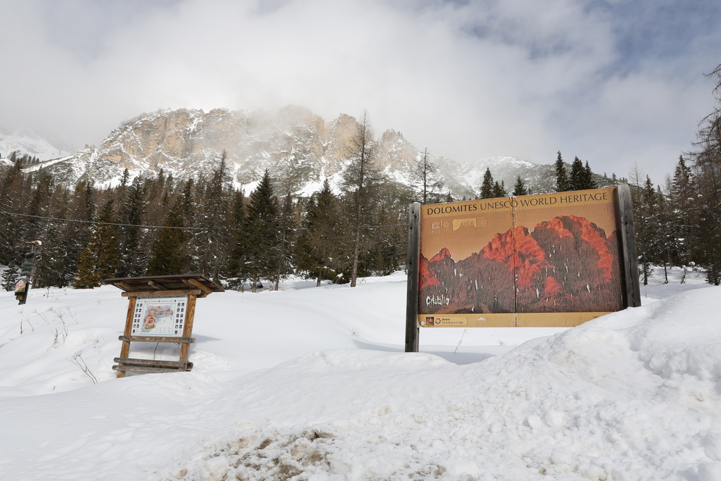 A view of the Cristallo mountain group is pictured in the Dolomites, which was once home to glaciers, seen from Olympic host city Cortina d'Ampezzo, Italy, Feb. 7, 2026 (AP Photo/ Jennifer McDermott)