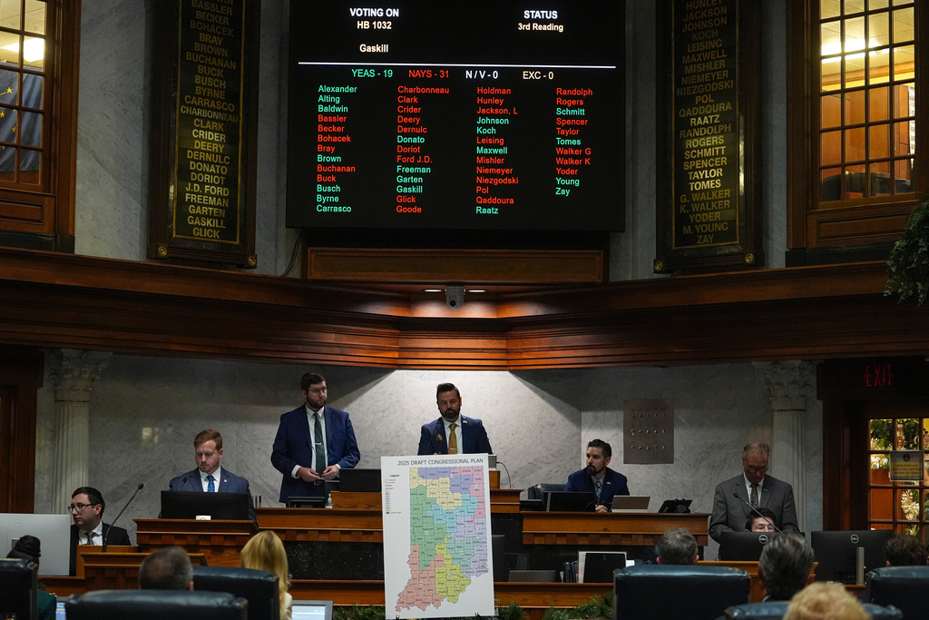 Indiana Lt. Gov. Micah Beckwith announces the results of a vote to redistrict the state's congressional map, Thursday, Dec. 11, 2025, at the Statehouse in Indianapolis. (AP Photo/Michael Conroy)