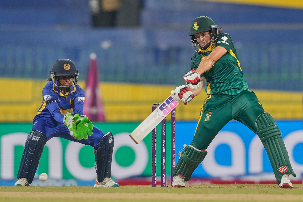 South Africa's Tazmin Brits plays a shot during the ICC Women's Cricket World Cup match between South Africa and Sri Lanka at Premadasa Stadium in Colombo, Sri Lanka, Friday, Oct, 17, 2025. (AP Photo/Eranga Jayawardena)