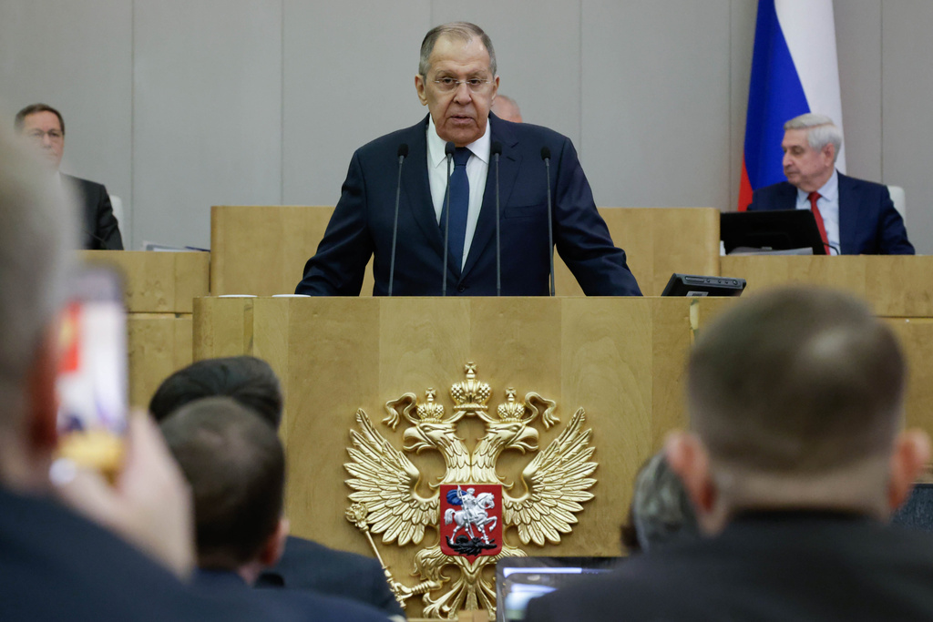 In this photo released by The State Duma, The Federal Assembly of The Russian Federation Press Service, Russian Foreign Minister Sergey Lavrov, centre, delivers his speech at the State Duma, the Lower House of the Russian Parliament in Moscow, on Wednesday, Feb. 11, 2026. (The State Duma, The Federal Assembly of The Russian Federation Press Service via AP)