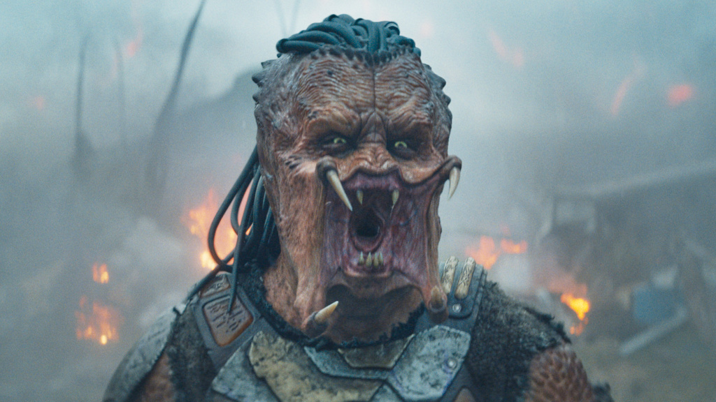 This image released by 20th Century Studios shows Dimitrius Schuster-Koloamatangi in a scene from "Predator: Badlands." (20th Century Studios via AP)