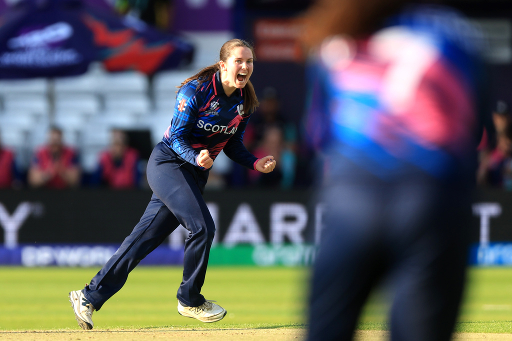 Scotland's Katherine Fraser celebrates the wicket of West Indies' Hayley Matthews during the Women's T20 World Cup match between Scotland ad West Indies in Leeds, England, Thursday June 18, 2026. (Nigel French/PA via AP)