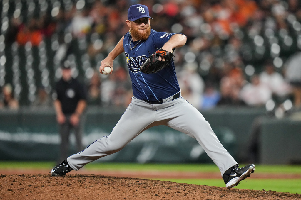 Tampa Bay Rays pitcher Craig Kimbrel delivers during the ninth inning of a baseball game against the Baltimore Orioles, Tuesday, May 26, 2026, in Baltimore. (AP Photo/Stephanie Scarbrough)