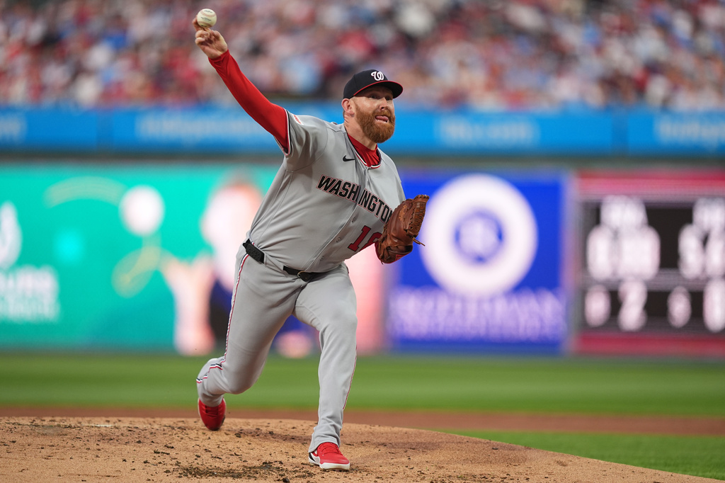 Washington Nationals' Zack Littell pitches during the second inning of a baseball game against the Philadelphia Phillies, Tuesday, March 31, 2026, in Philadelphia. (AP Photo/Matt Rourke)
