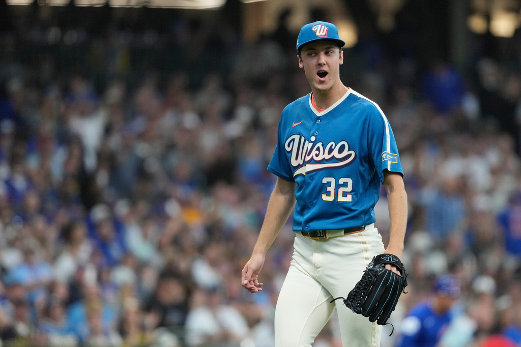 Milwaukee Brewers' Jacob Misiorowski reacts during the third inning of a baseball game against the Chicago Cubs, Friday, June 26, 2026, in Milwaukee. (AP Photo/Aaron Gash)