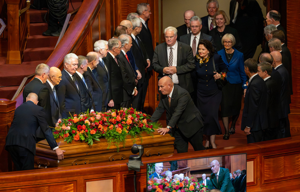 Funeral services take place in the Conference Center for President Russell M. Nelson, the 17th president of The Church of Jesus Christ of Latter-day Saints, in Salt Lake City on Oct. 7, 2025. (Scott G Winterton/The Deseret News via AP)