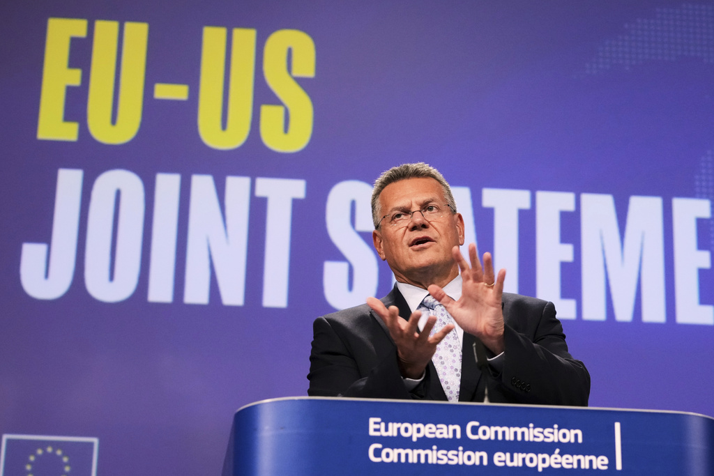 European Commissioner for Trade and Economic Security, Maros Sefcovic, speaks during a media conference at EU headquarters in Brussels, Belgium, Thursday, Aug. 21, 2025. (AP Photo/Virginia Mayo)