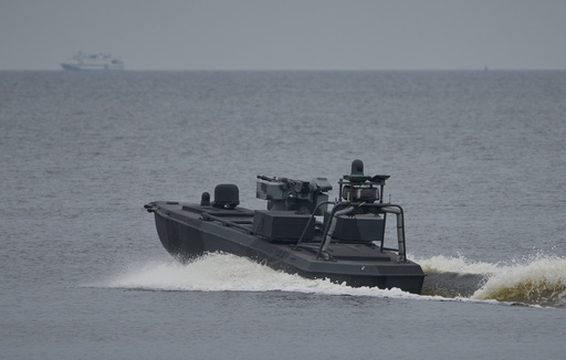 A Sea Baby drone rides on the water during a demonstration by Ukraine's Security Service in an undisclosed location in Ukraine Friday, Oct. 17, 2025. (AP Photo/Efrem Lukatsky) A Sea Baby drone rides on the water during a demonstration by Ukraine's Security Service in an undisclosed location in Ukraine Friday, Oct. 17, 2025. (AP Photo/Efrem Lukatsky)