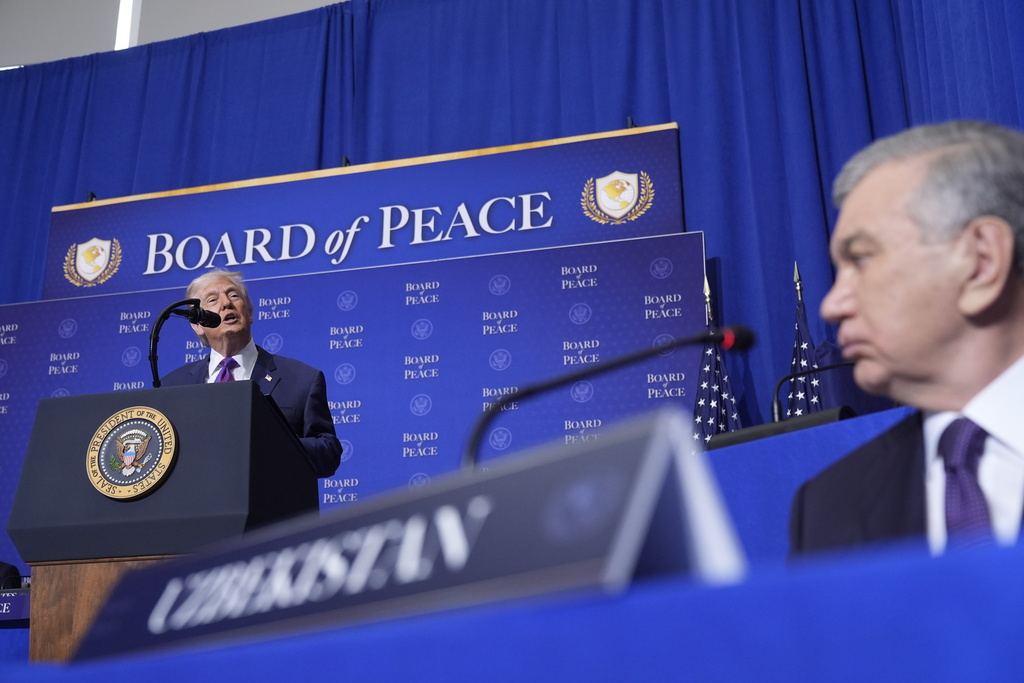 President Donald Trump speaks during a Board of Peace meeting at the U.S. Institute of Peace, Thursday, Feb. 19, 2026, in Washington. (AP Photo/Mark Schiefelbein)