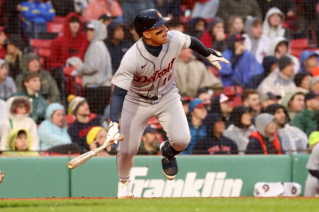 Detroit Tigers designated hitter Jahmai Jones runs after hitting a home run during the fifth inning of a baseball game against the Boston Red Sox, Sunday, April 19, 2026, in Boston. (AP Photo/Mark Stockwell)