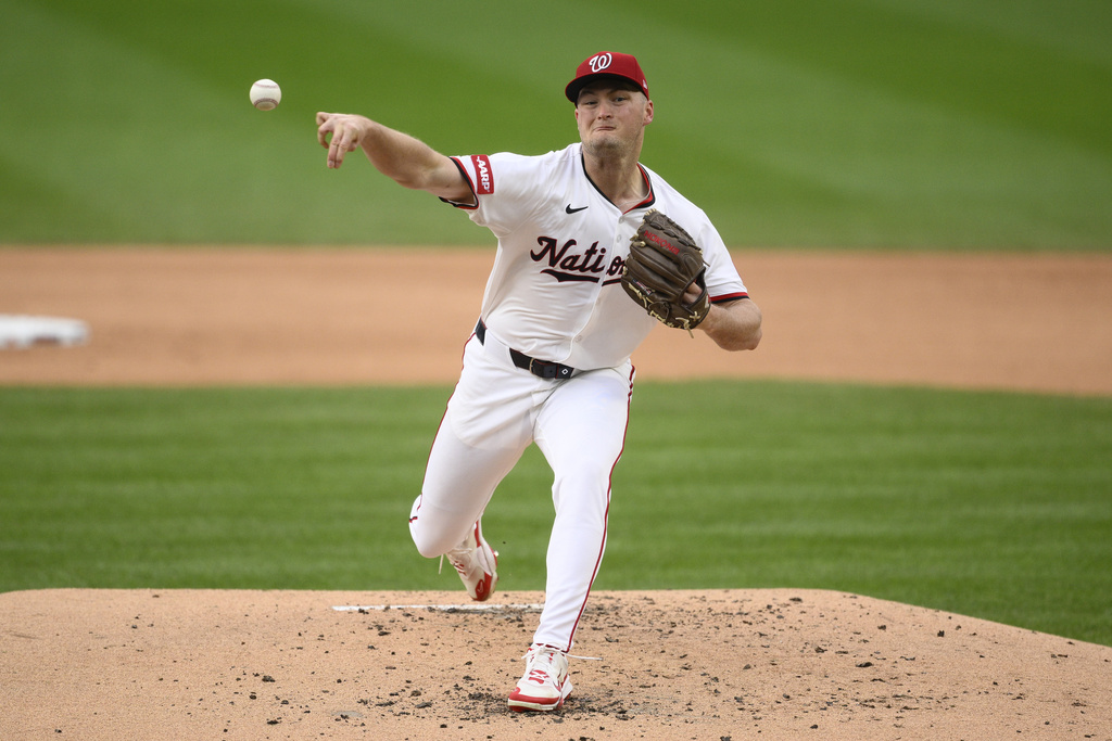 Washington Nationals starting pitcher Brad Lord throws during the second inning of a baseball game against the Atlanta Braves, Wednesday, Sept. 17, 2025, in Washington. (AP Photo/Nick Wass)