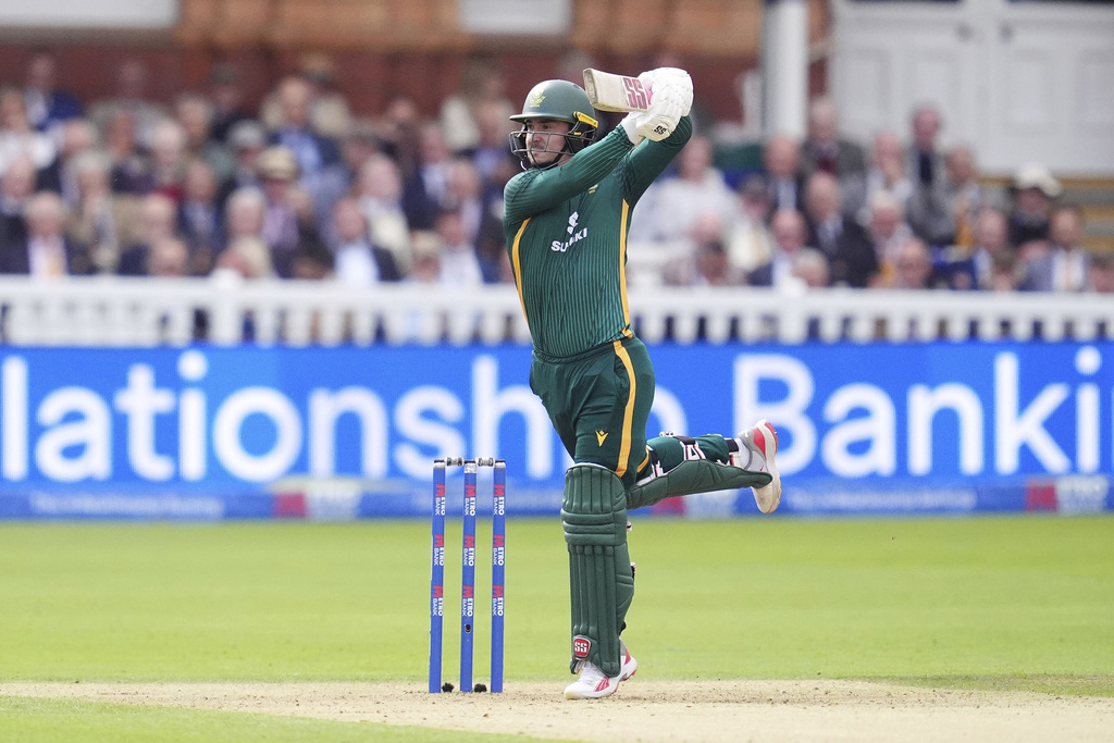 South Africa's Matthew Breetzke hits a boundary for four during the second Metro Bank ODI Series cricket match between England and South Africa, at Lord's, in London, Thursday Sept. 4, 2025. (Adam Davy/PA via AP)