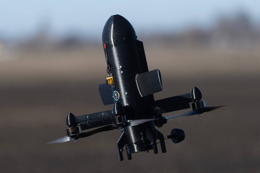 An anti-air interceptor drone designed to destroy Russian attack drones from the Ukrainian company General Cherry is seen during a demonstration in Kyiv region, Wednesday, March 11, 2026. (AP Photo/Efrem Lukatsky)