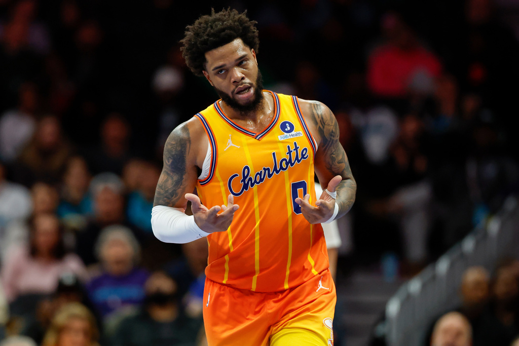 FILE - Charlotte Hornets forward Miles Bridges makes the "6-7" motion after scoring against the Washington Wizards during the second half of an NBA basketball game in Charlotte, N.C., Jan. 24, 2026. (AP Photo/Nell Redmond, file)