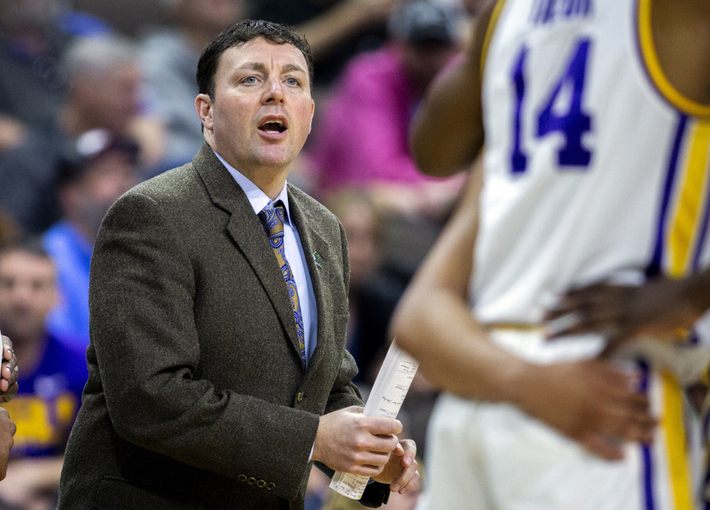 FILE - Then-LSU assistant coach Greg Heiar, center, shouts from the sideline during the team's NCAA men's college basketball tournament game against Yale in Jacksonville, Fla., March 21, 2019. ( AP Photo/Stephen B. Morton, File)
